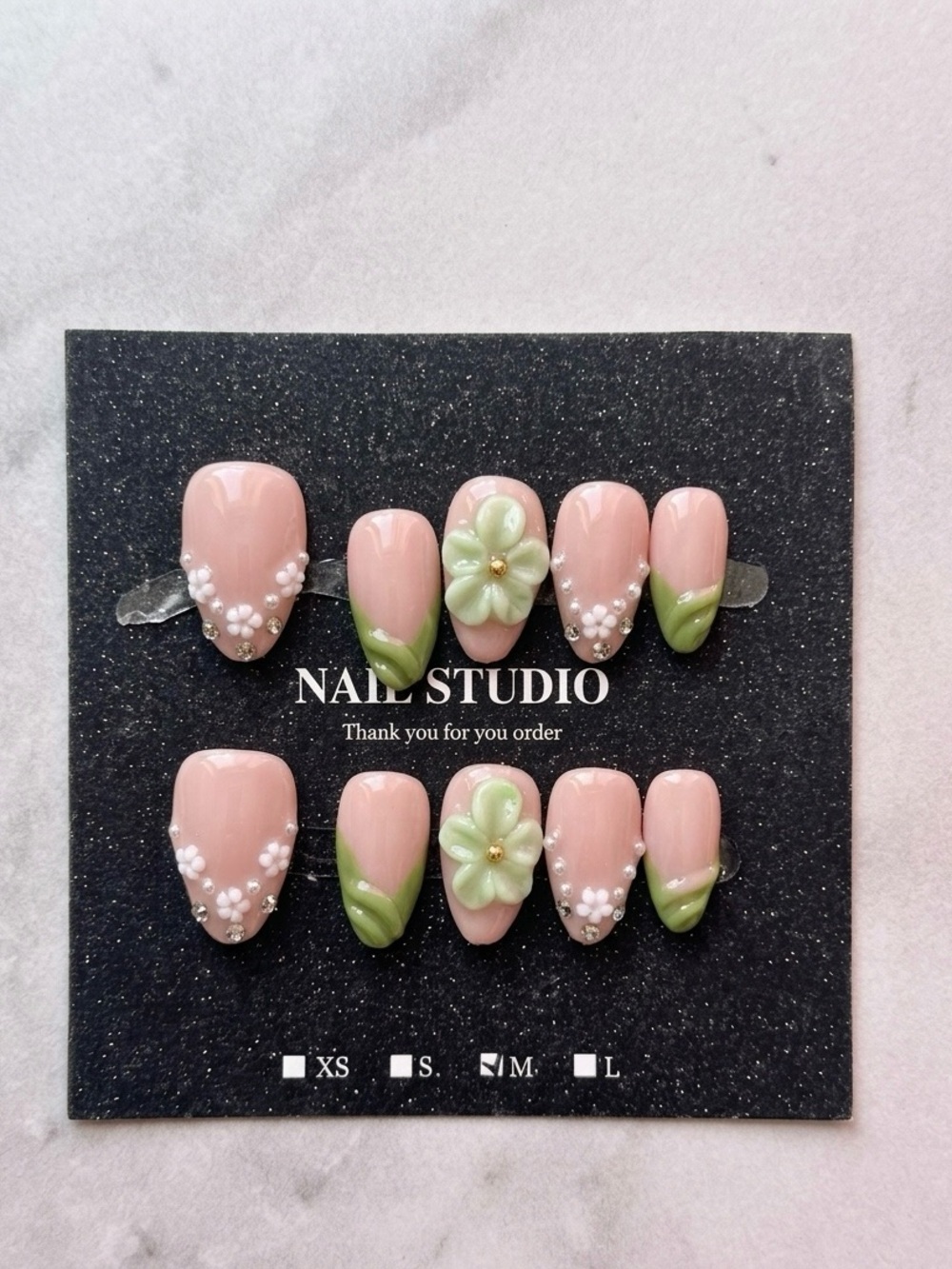 Pink Green Floral Press-On Nails